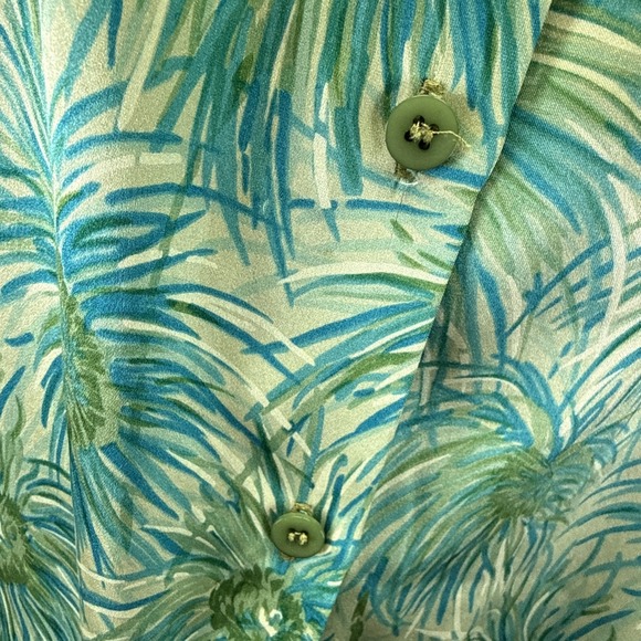 MILLY 100% Silk Shirt Dress Sz 4 Green Abstract Palms 3/4 Sleeves Button Down - Picture 6 of 11